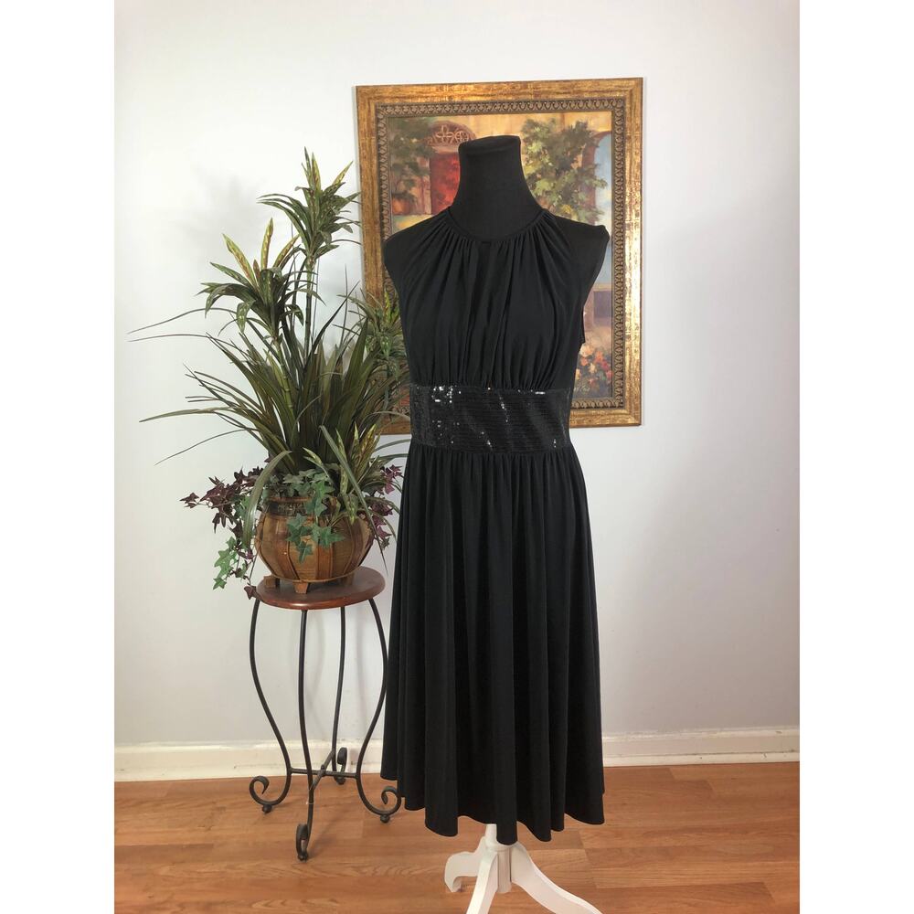 R&M Richards Dress Womens Size 10 Black Sleeveless Sequin Waist Midi Cocktail‎